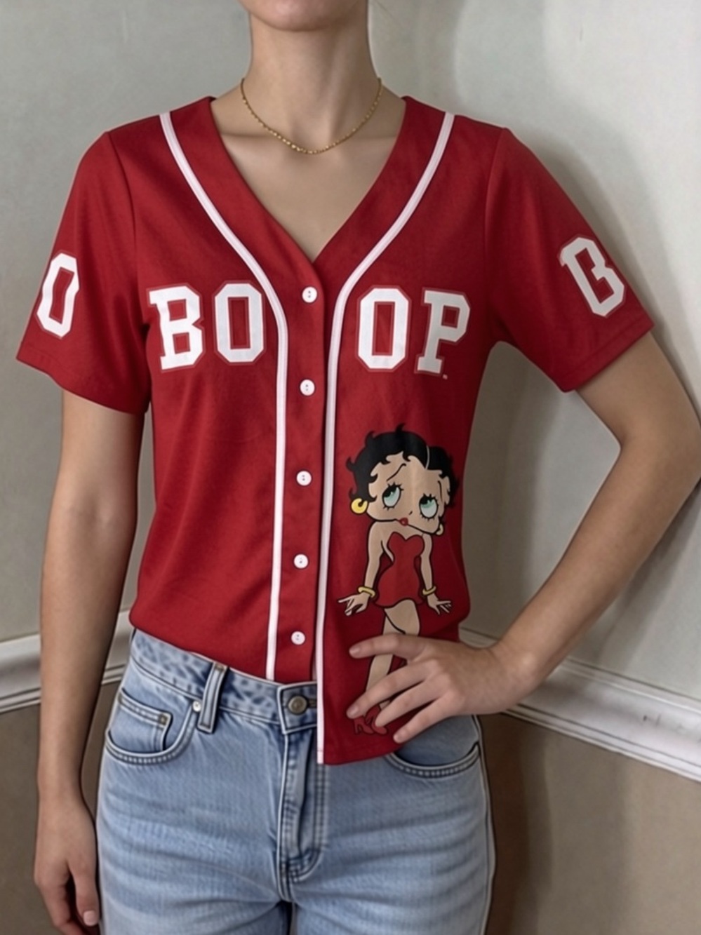 🤍 5 for $20! Red Betty Boop Graphic Baseball Jersey Top